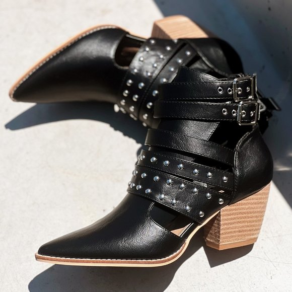 NEW Black Studded Cutout Buckle Strap Pointy Toe Block Heel Ankle Booties Vegan - Picture 14 of 16